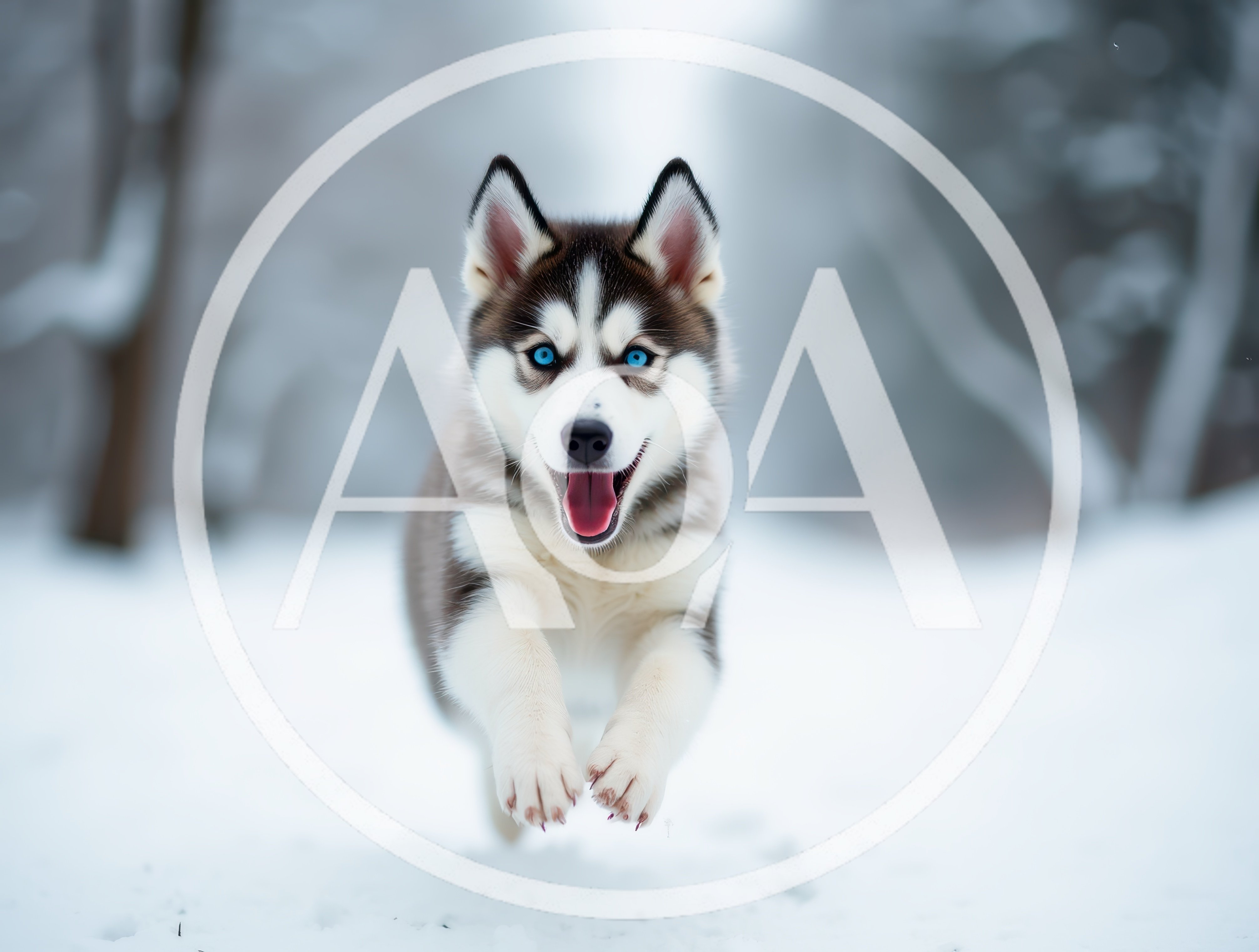 Happy Siberian Husky Puppy Running Through Snowy Forest