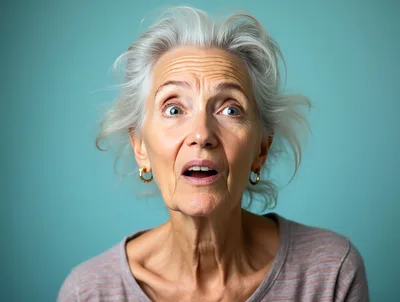 Surprised Senior Woman With Gray Hair Looking Up