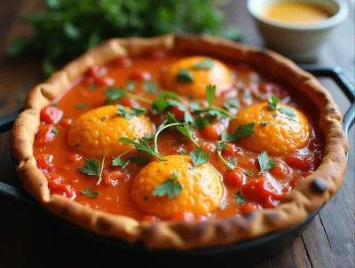 Shakshuka With Poached Eggs In A Cast Iron Skillet