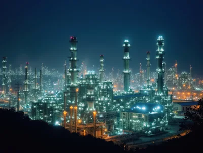 Illuminated Industrial Oil Refinery Complex At Night