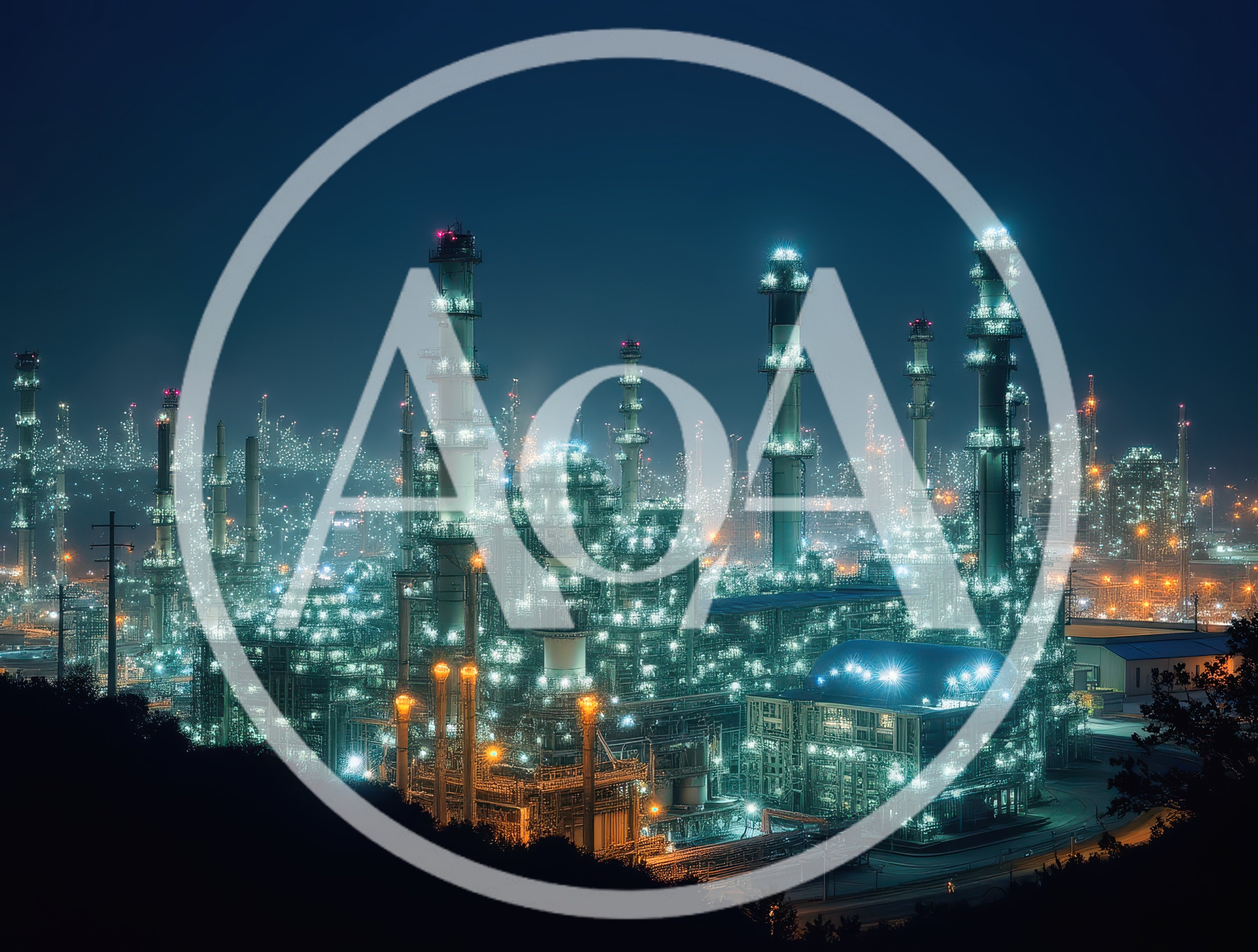 Illuminated Industrial Oil Refinery Complex At Night