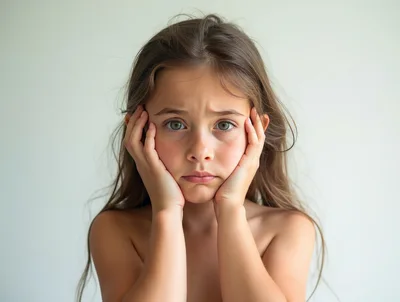 Portrait Of A Sad Young Girl Holding Her Face