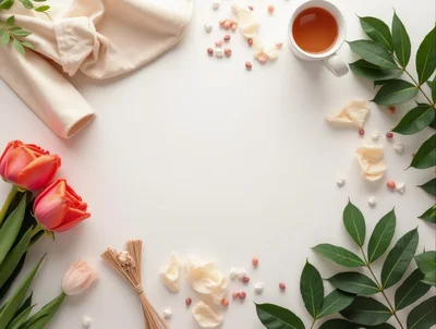 Flat Lay Composition With Tulips And Tea