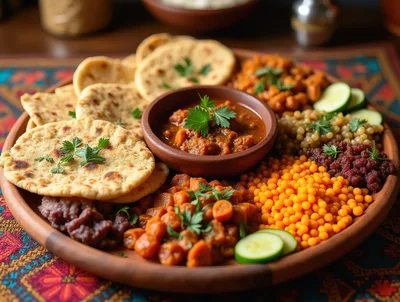Traditional Middle Eastern Platter With Flatbread And Curries