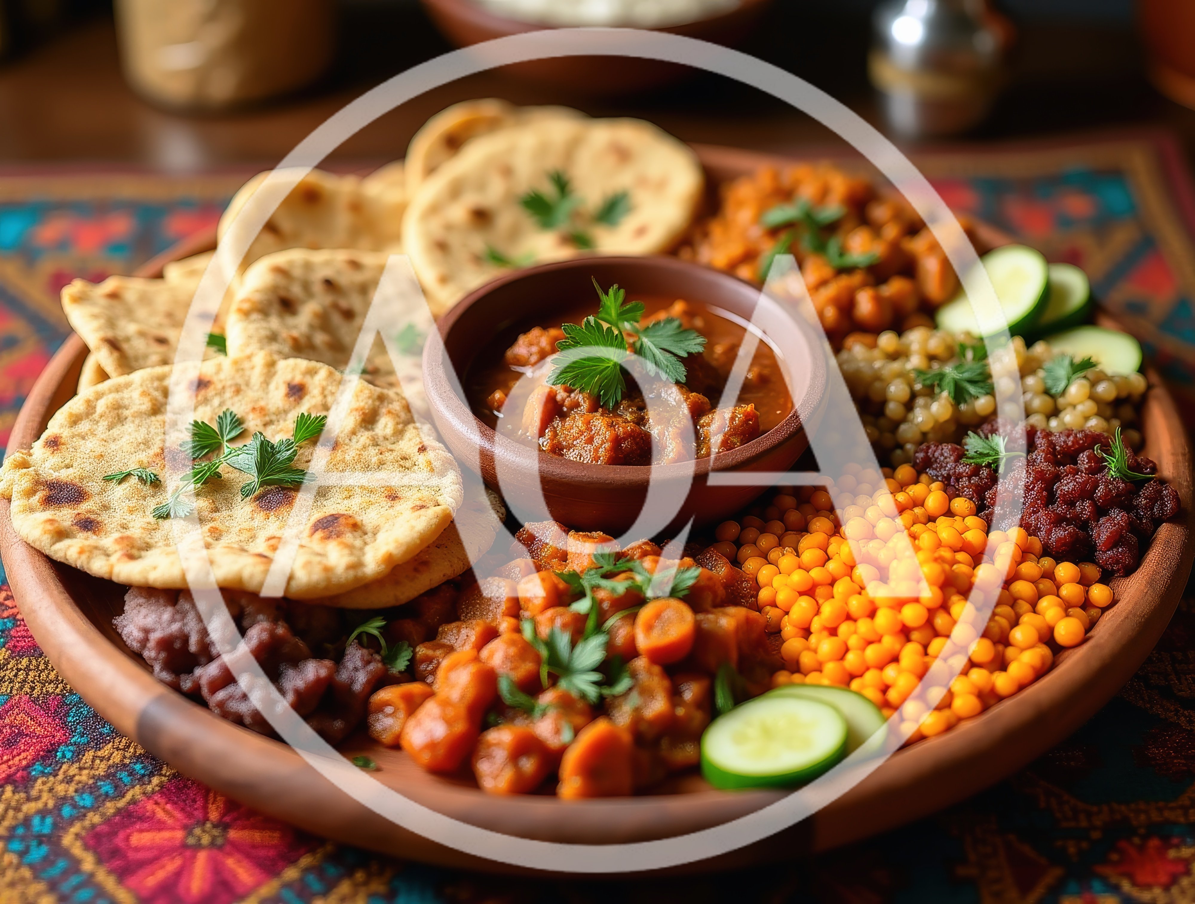 Traditional Middle Eastern Platter With Flatbread And Curries