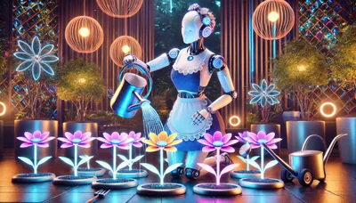 Futuristic Robot Maid Watering Glowing Flowers in Garden