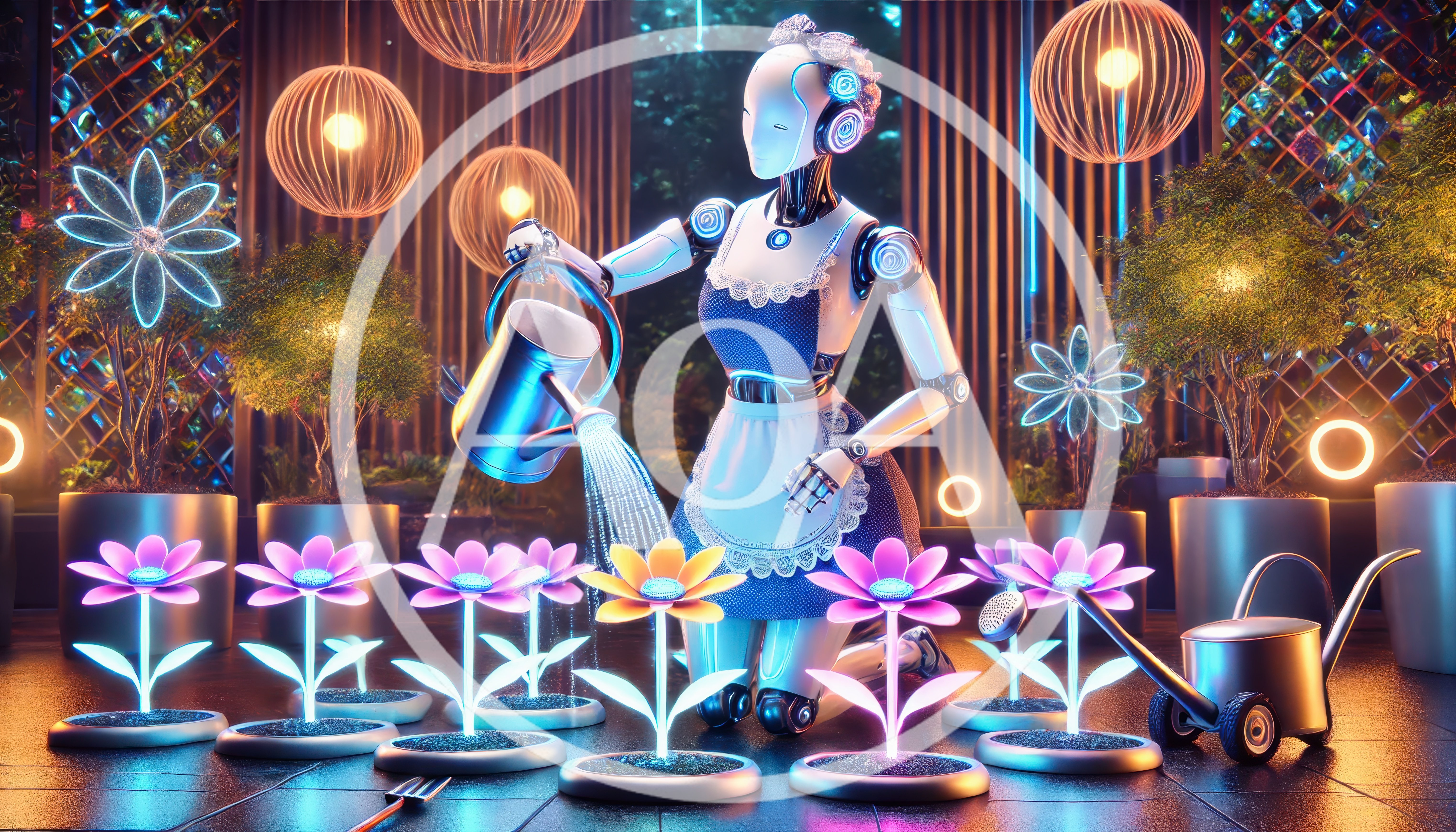 Futuristic Robot Maid Watering Glowing Flowers in Garden