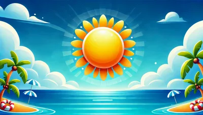 Tropical Beach Scene With Bright Sun And Palm Trees