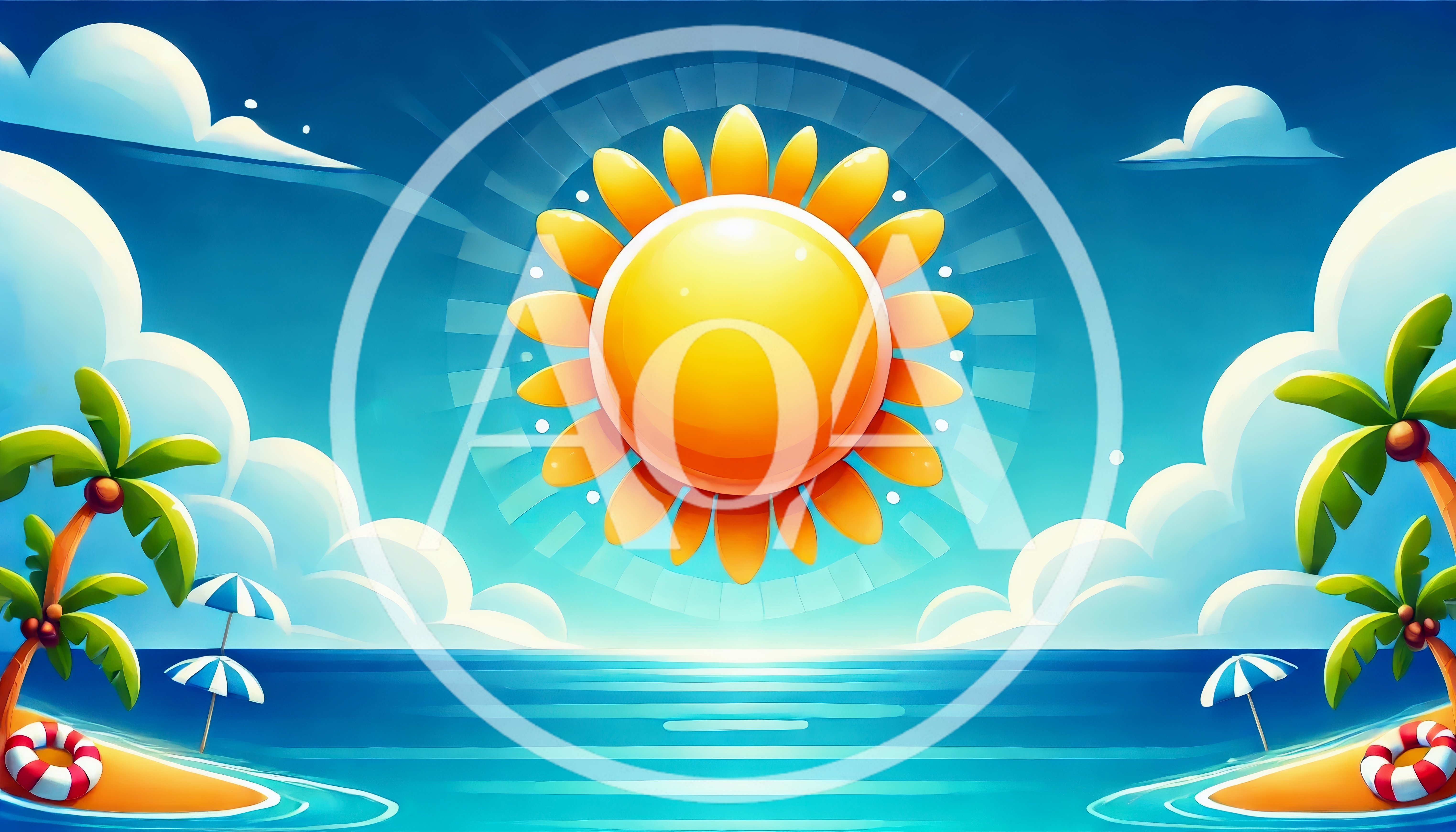Tropical Beach Scene With Bright Sun And Palm Trees