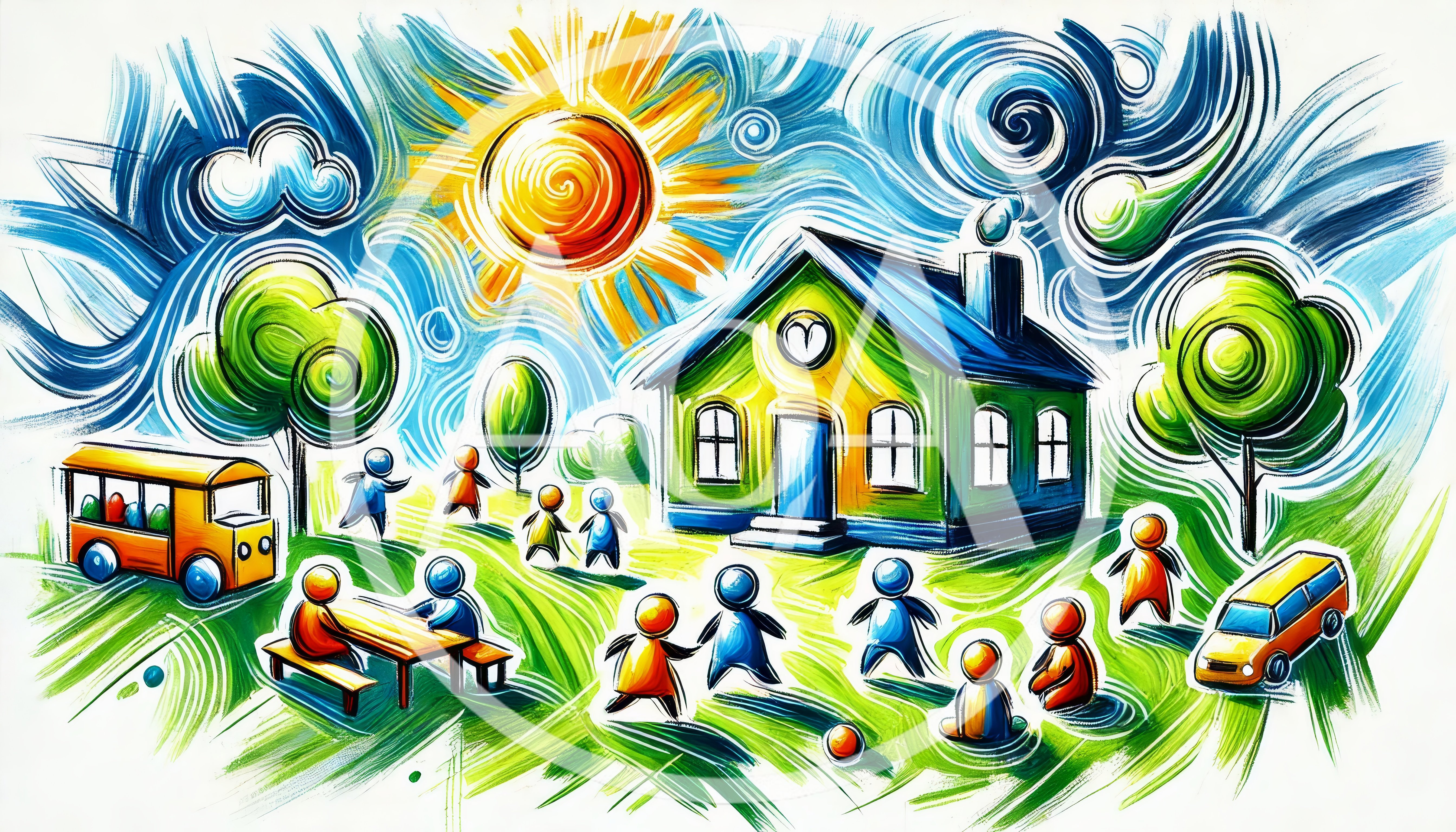 Stylized Illustration Of Children Playing At School