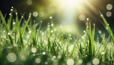 Dew Drops on Green Grass Blades at Sunrise