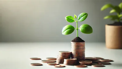 Small Green Plant Growing From Stack Of Coins
