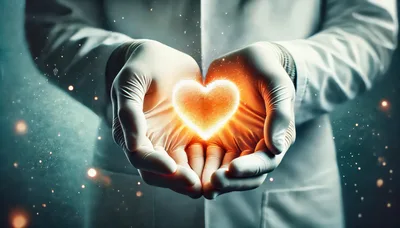 Doctor Holding Glowing Digital Heart Symbol