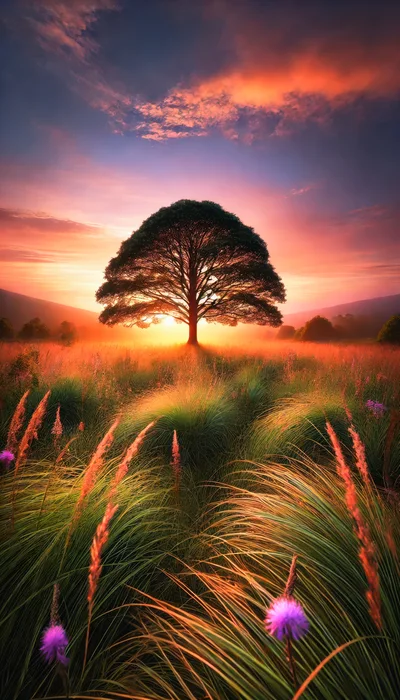 Solitary Tree Standing In A Golden Meadow At Sunset