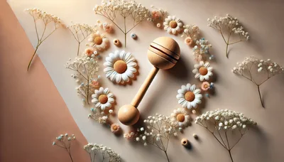 Wooden Baby Rattle Surrounded By Daisies And Baby Breath