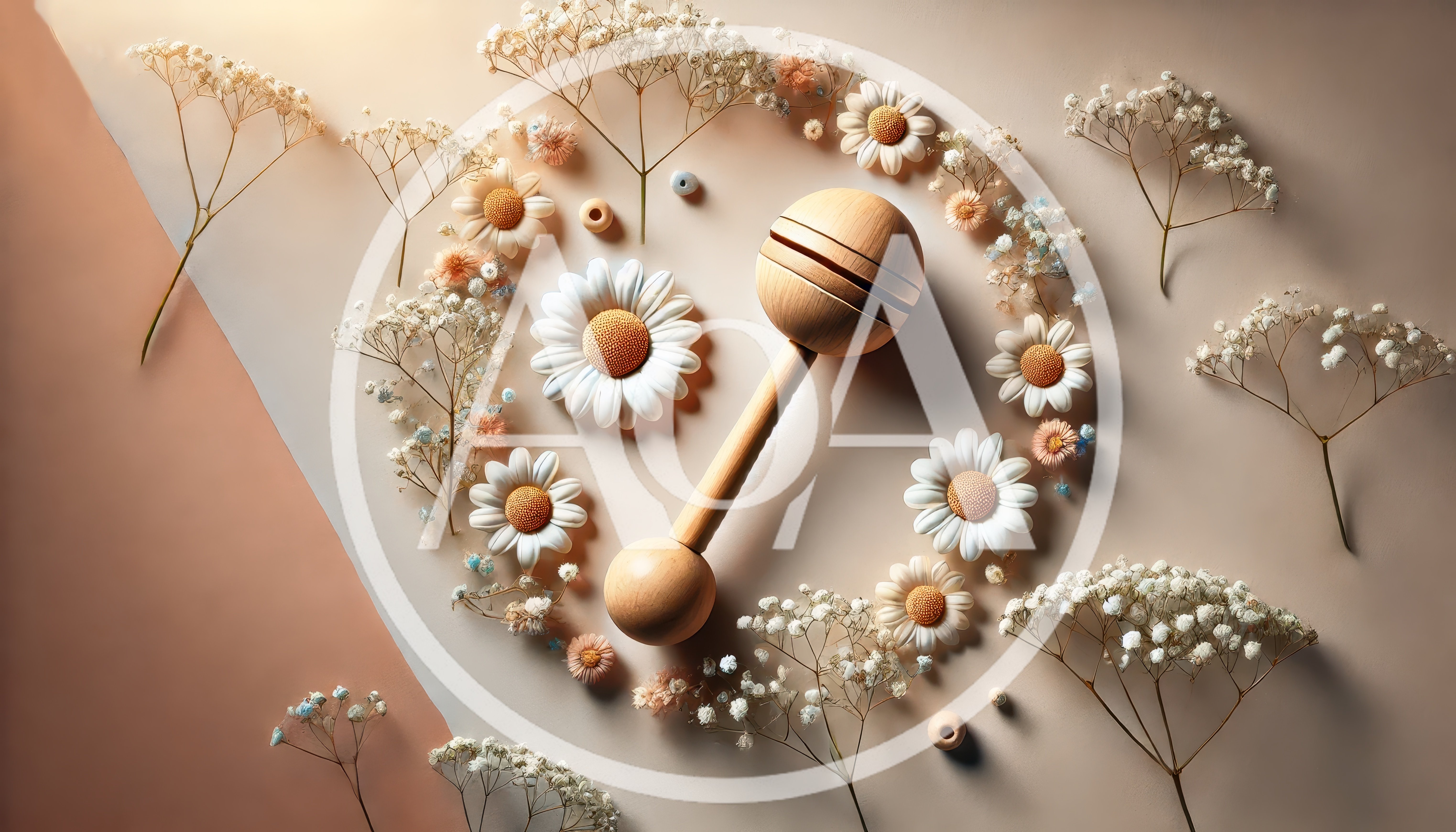 Wooden Baby Rattle Surrounded By Daisies And Baby Breath