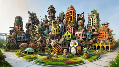Whimsical Fantasy Village With Giant Animal Sculptures