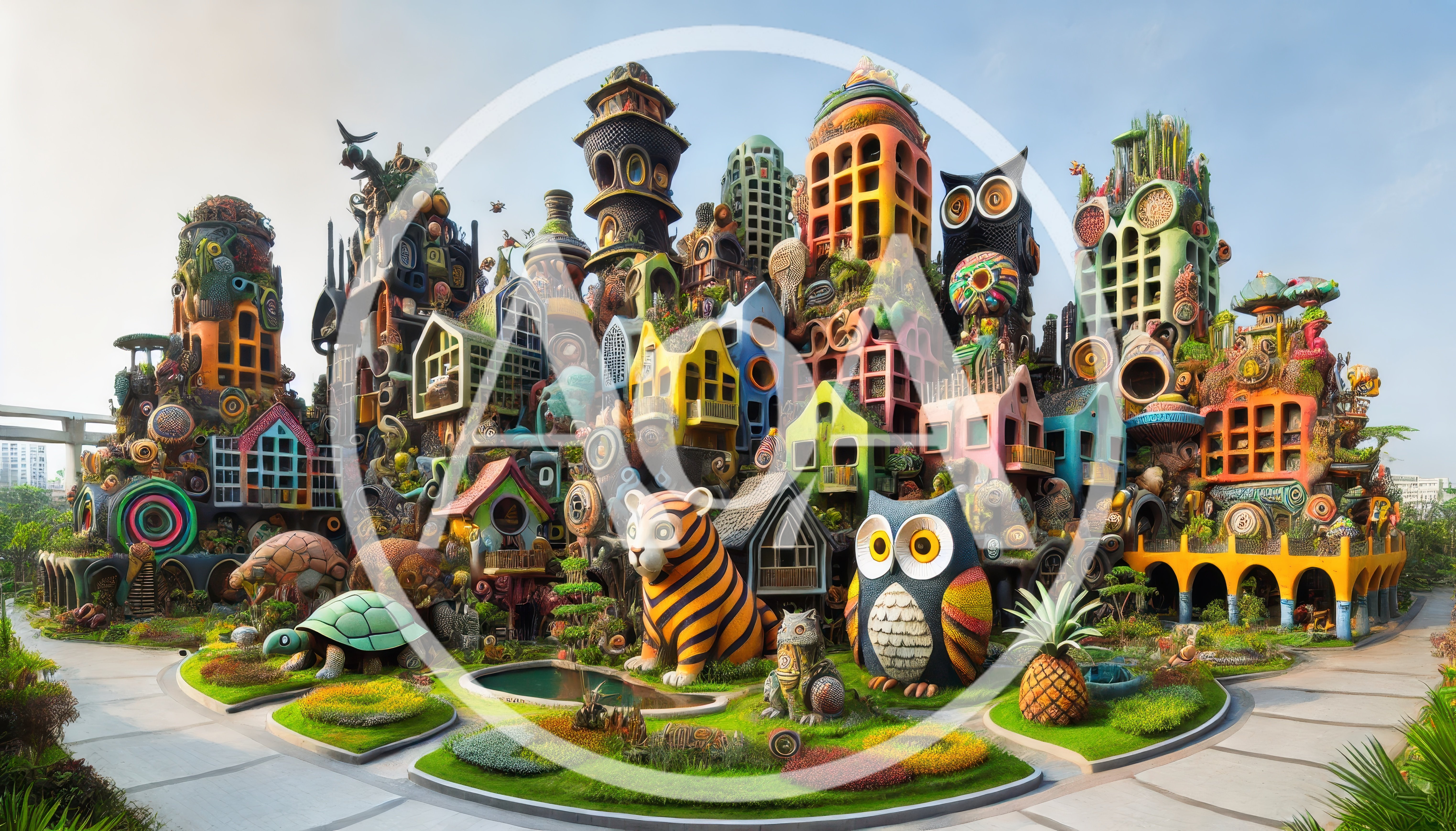 Whimsical Fantasy Village With Giant Animal Sculptures
