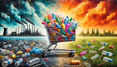 Shopping Cart Filled With Plastic Waste In Polluted Landscape