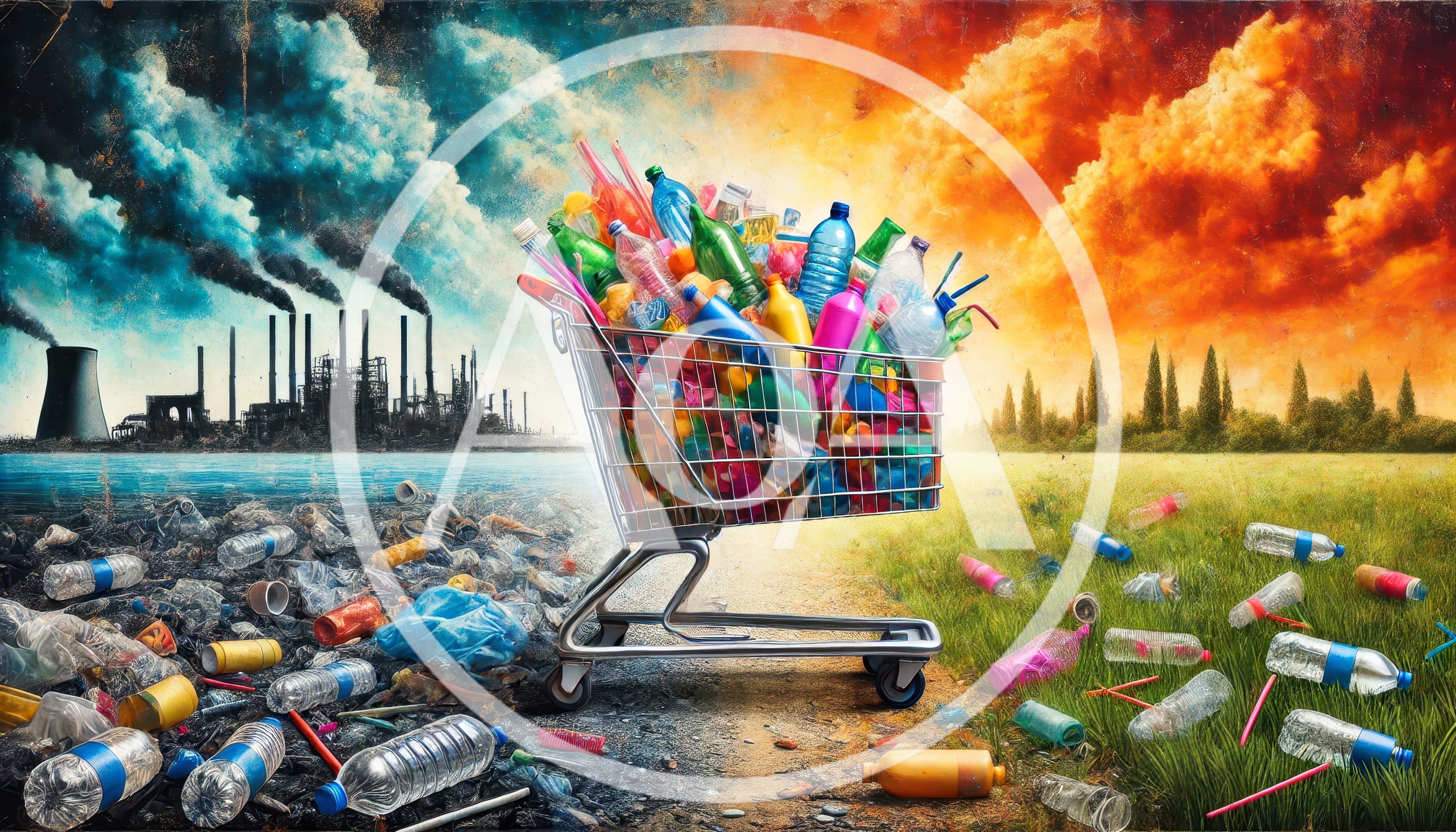Shopping Cart Filled With Plastic Waste In Polluted Landscape