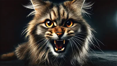 Fierce Maine Coon Cat Hissing With Exposed Fangs
