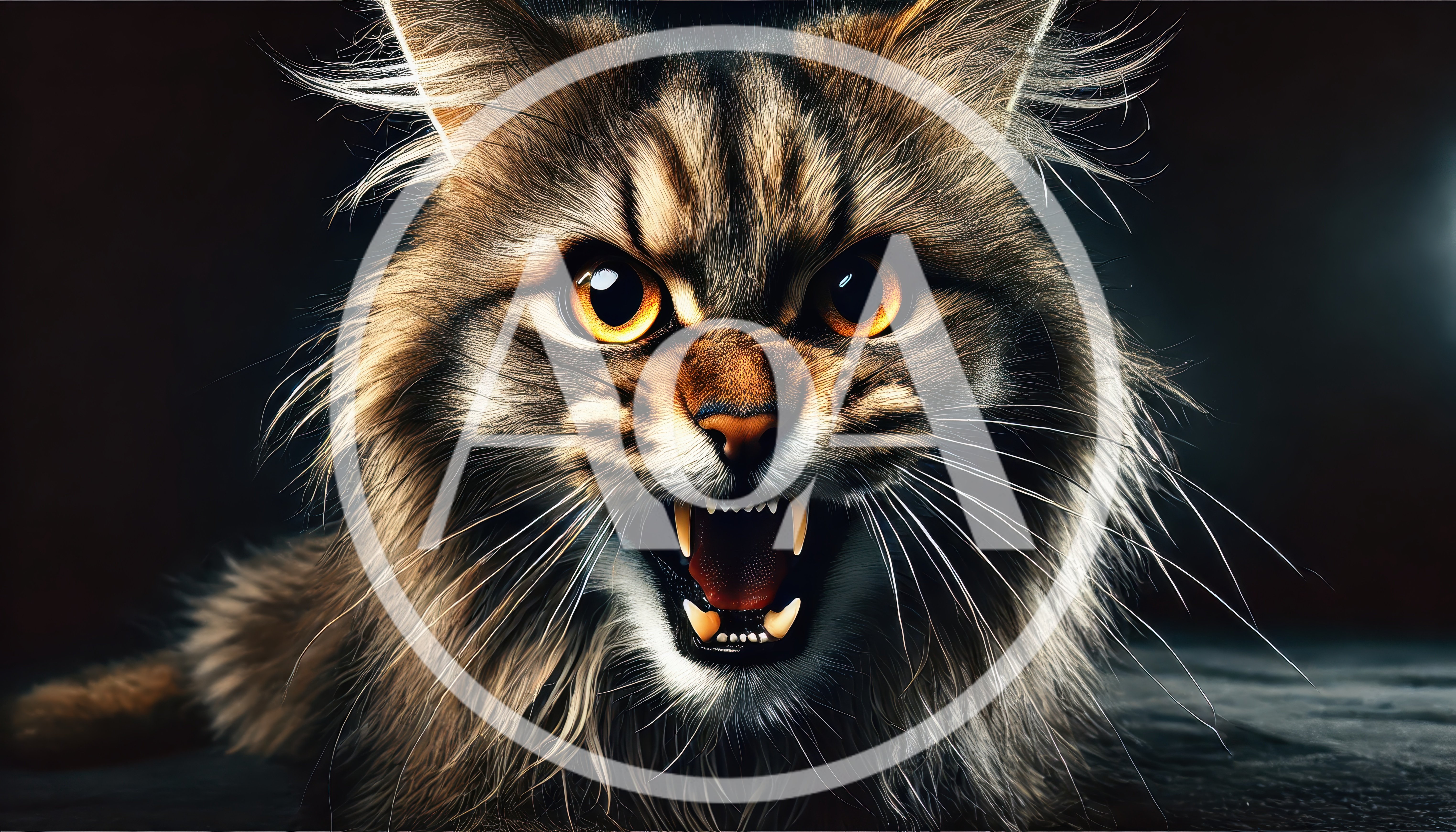 Fierce Maine Coon Cat Hissing With Exposed Fangs