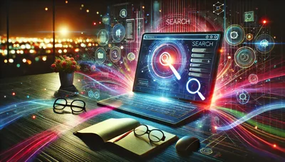 Futuristic Laptop Displaying Digital Search Interface