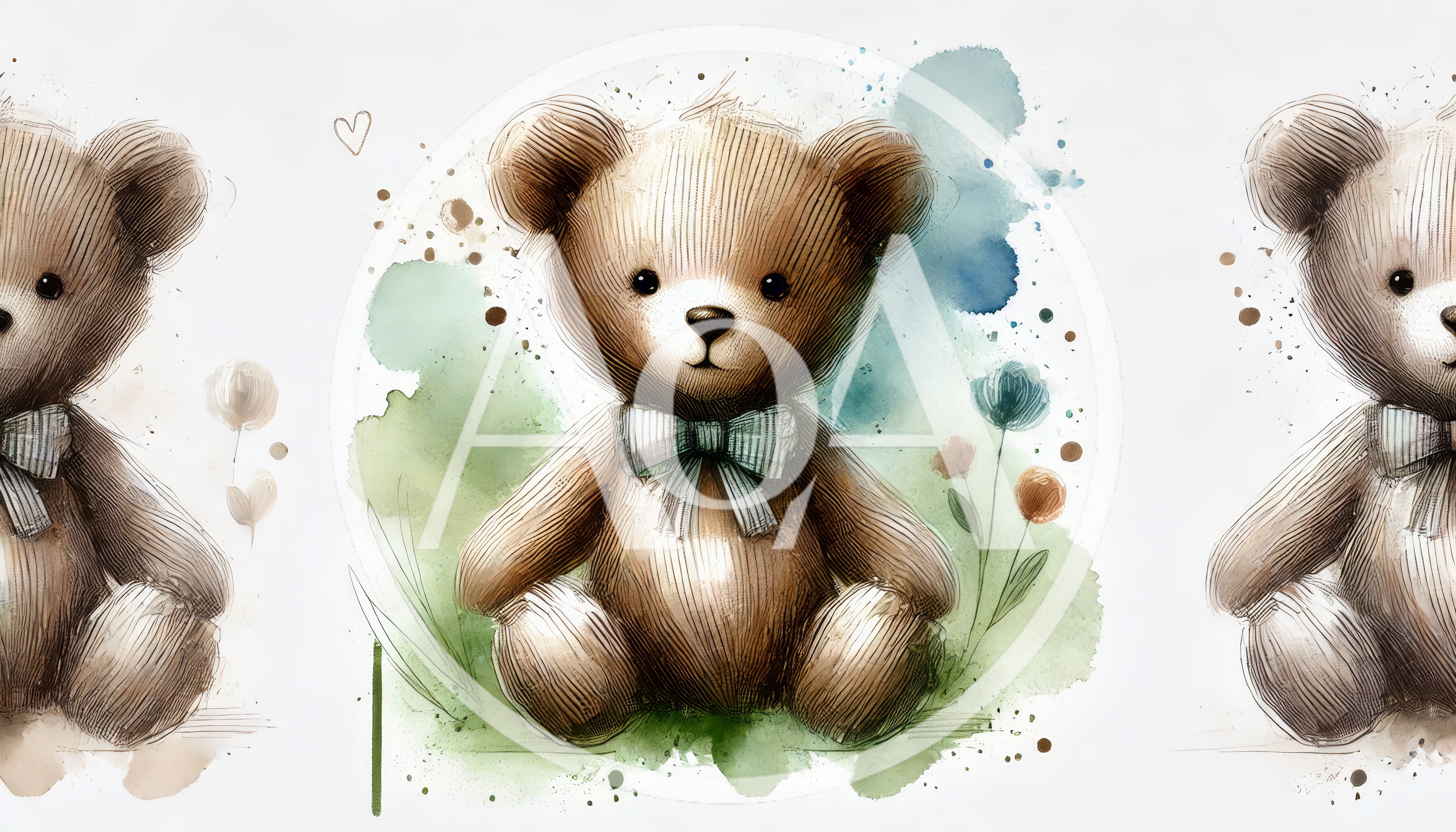 Watercolor Illustration Of Three Cute Teddy Bears