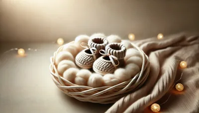 Knitted Baby Booties in a Wicker Basket