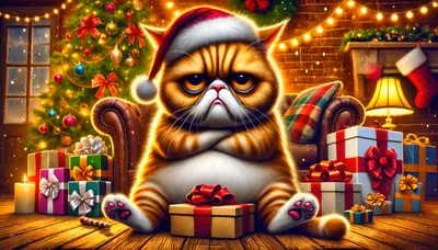 Grumpy Cat Wearing Santa Hat Sitting With Christmas Gifts