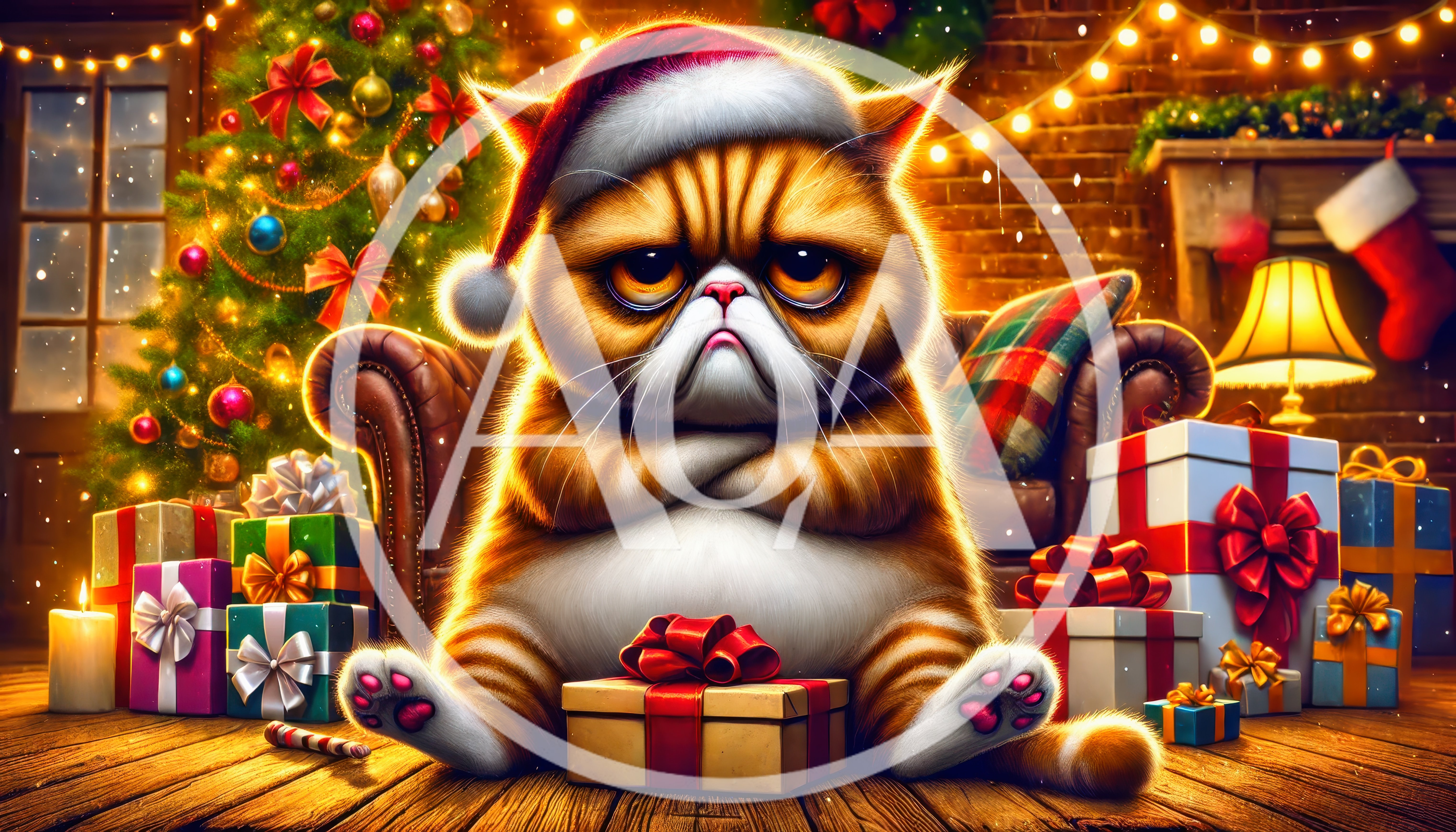 Grumpy Cat Wearing Santa Hat Sitting With Christmas Gifts