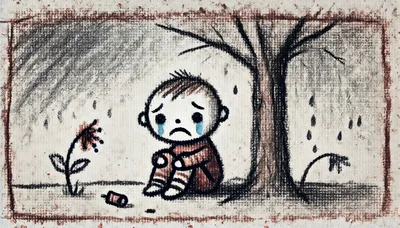 Sad Child Crying Under A Tree Drawing