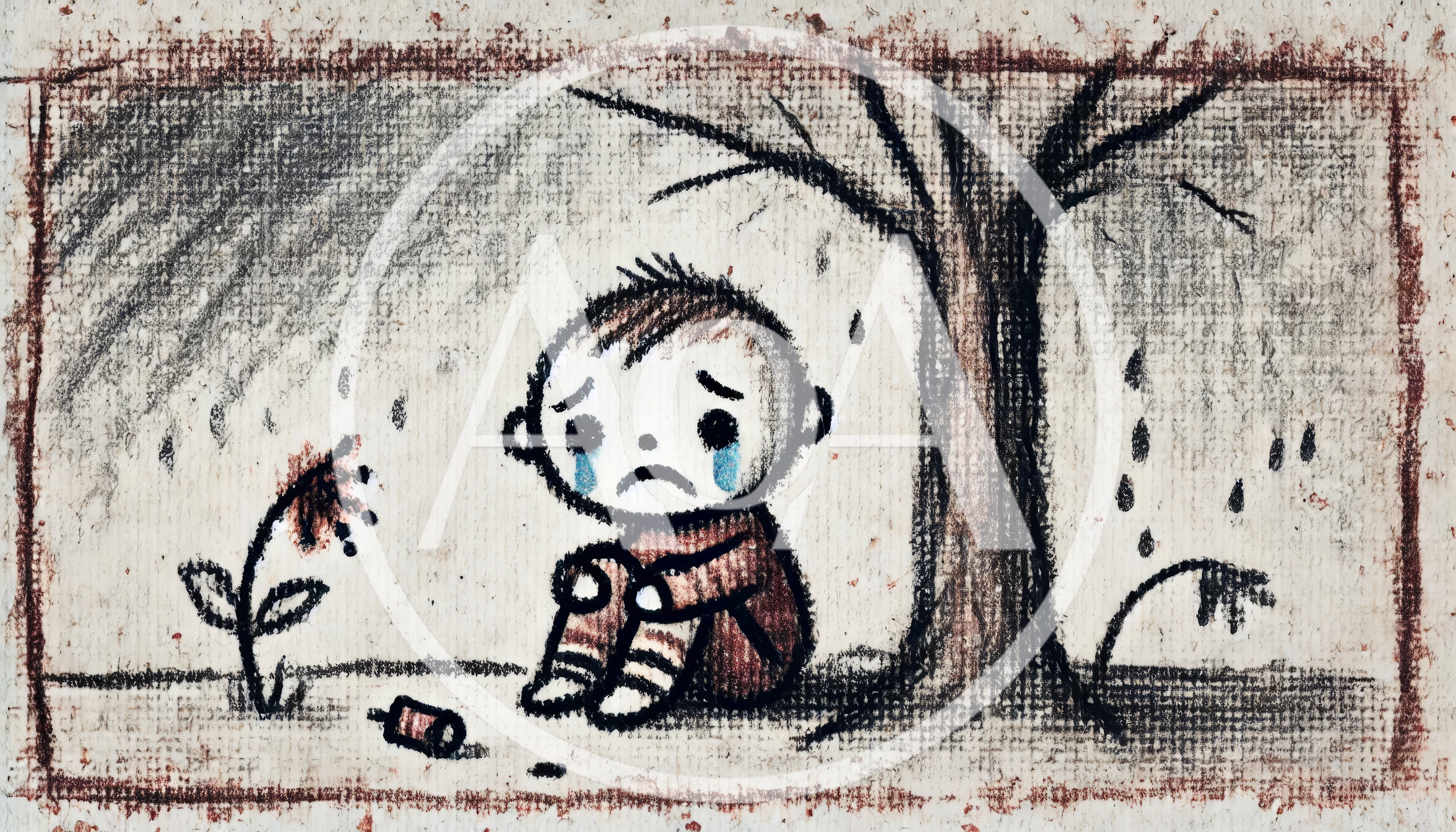 Sad Child Crying Under A Tree Drawing