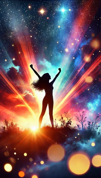 Silhouette Of A Woman Celebrating Under A Cosmic Sky
