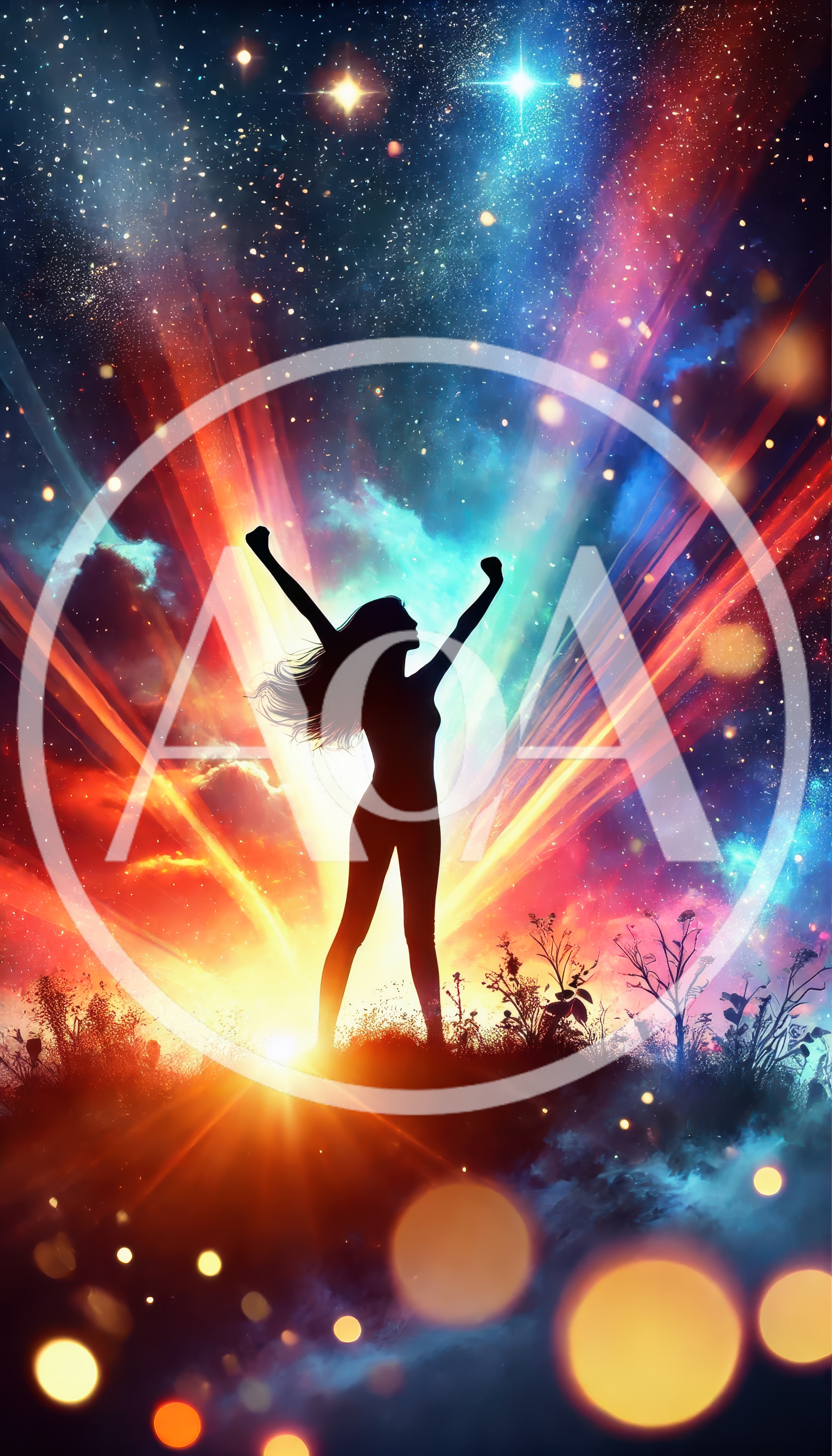 Silhouette Of A Woman Celebrating Under A Cosmic Sky