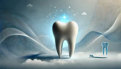 3D Rendered Glowing Tooth With Abstract Wave Background