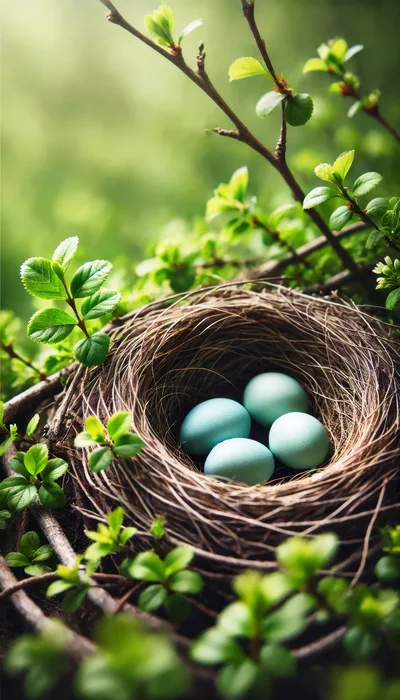 Four Blue Robin Eggs In A Natural Bird Nest