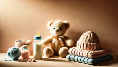 Baby Essentials With Teddy Bear And Knitted Clothes