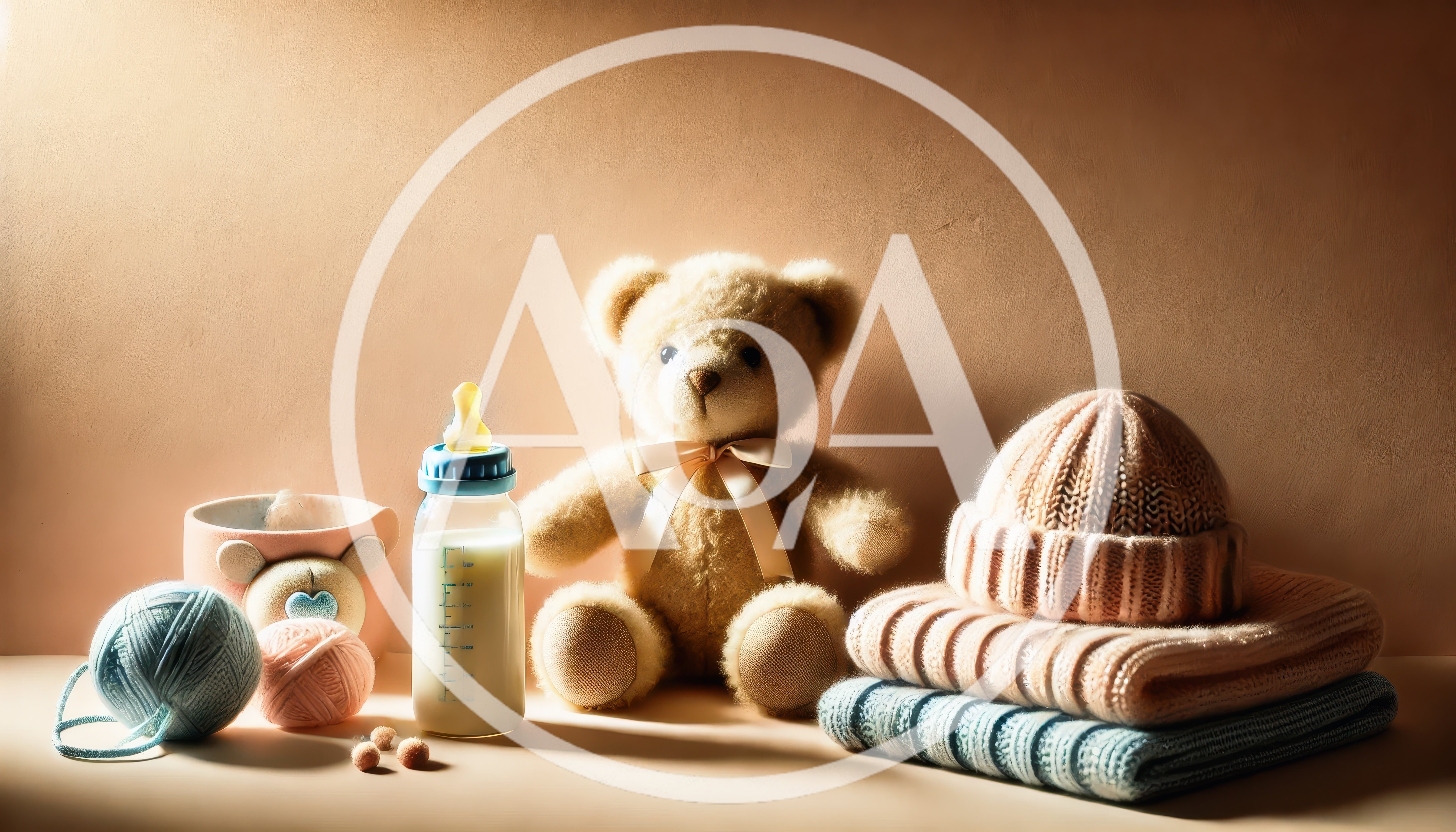 Baby Essentials With Teddy Bear And Knitted Clothes
