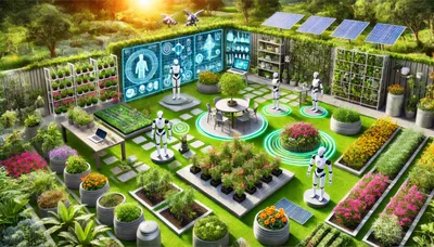 Futuristic Automated Garden With Robots And Solar Panels
