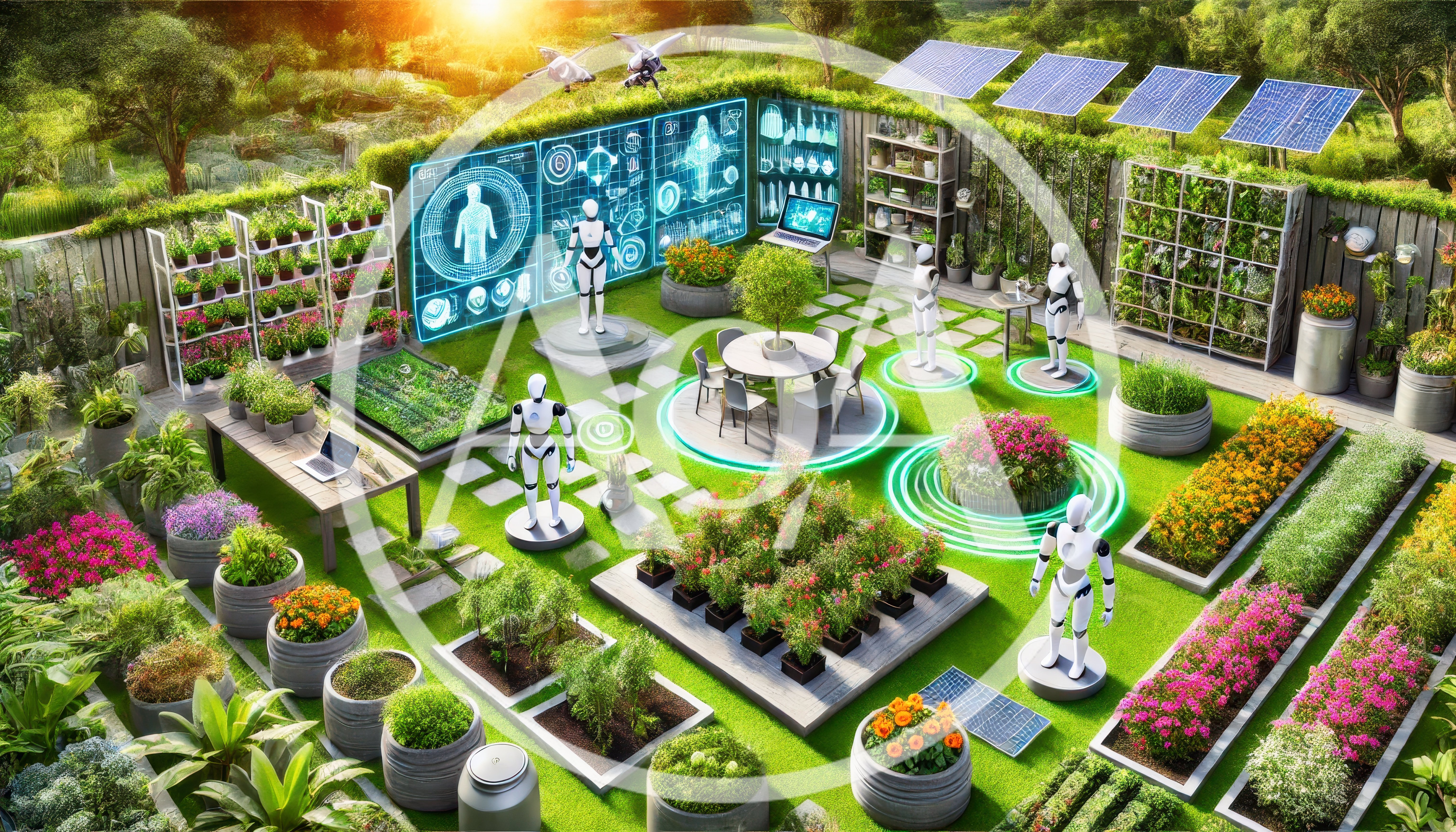 Futuristic Automated Garden With Robots And Solar Panels