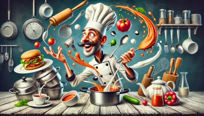 Cartoon Chef Cooking With Flying Ingredients
