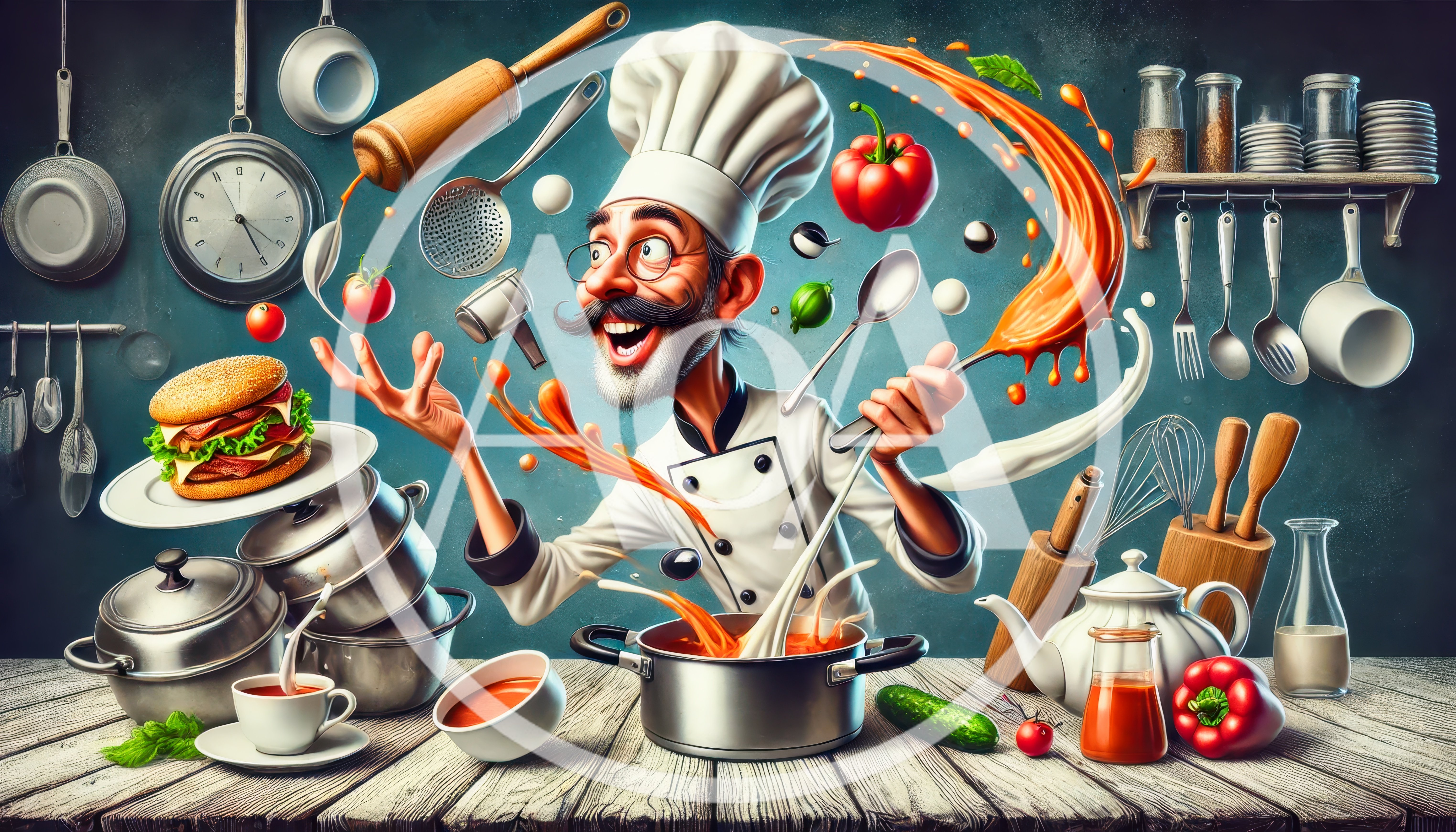 Cartoon Chef Cooking With Flying Ingredients
