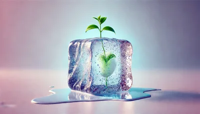 Small Green Plant Sprouting From Inside An Ice Cube