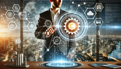 Businessman Interacting With Futuristic Digital Gear Interface