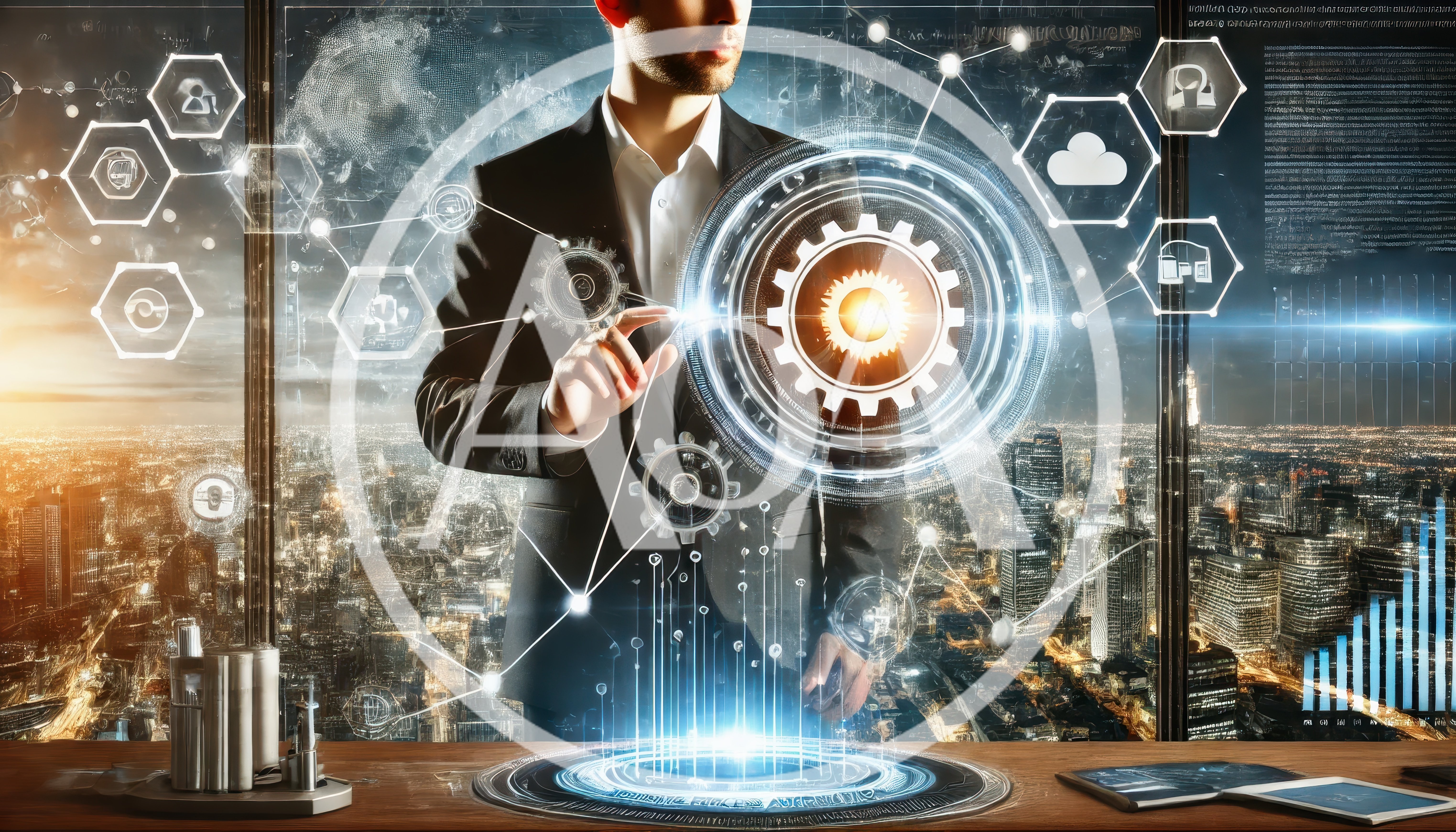 Businessman Interacting With Futuristic Digital Gear Interface
