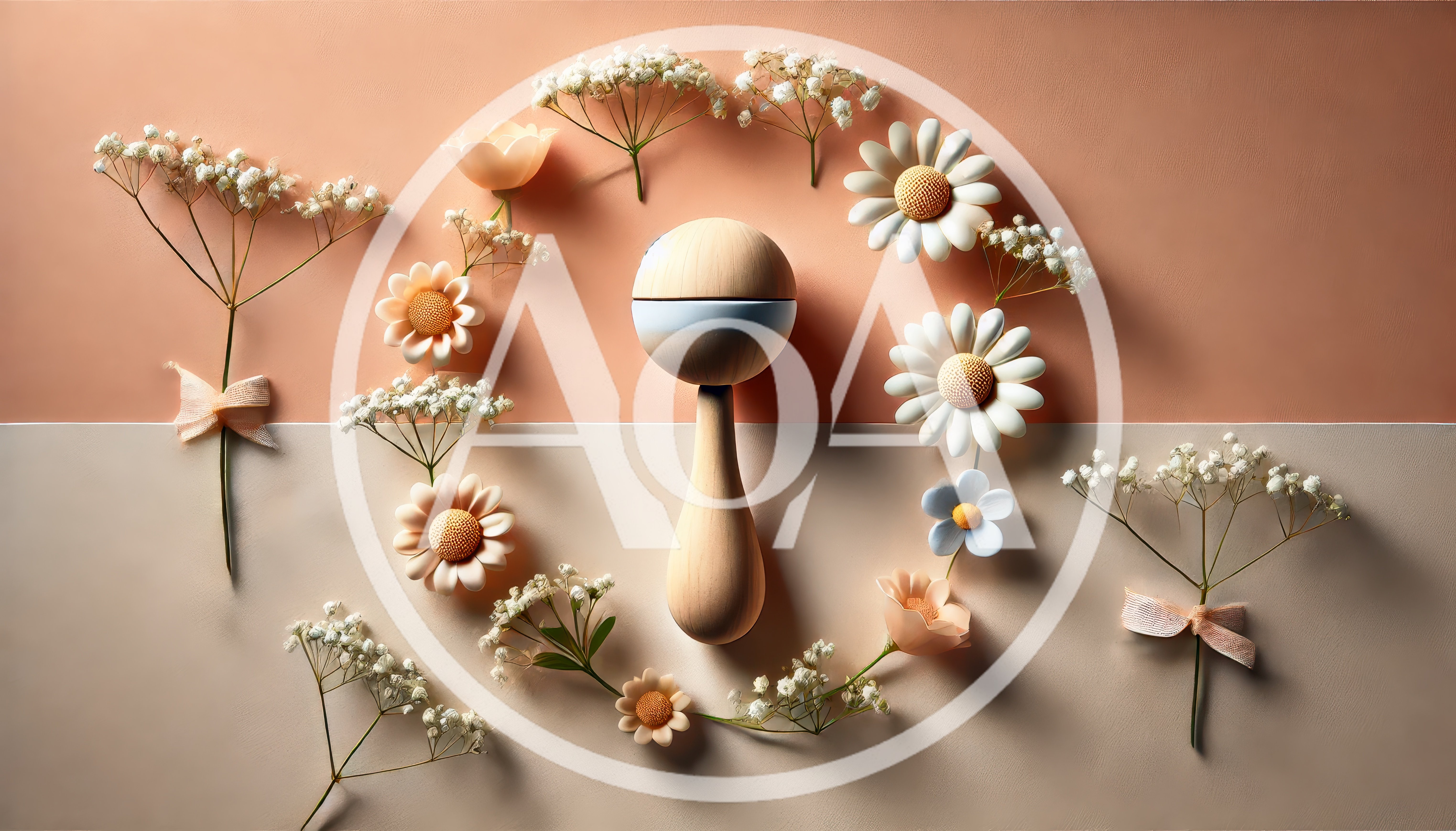 Wooden Baby Rattle Surrounded by Flowers