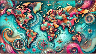 Abstract Artistic World Map With Swirling Colorful Patterns