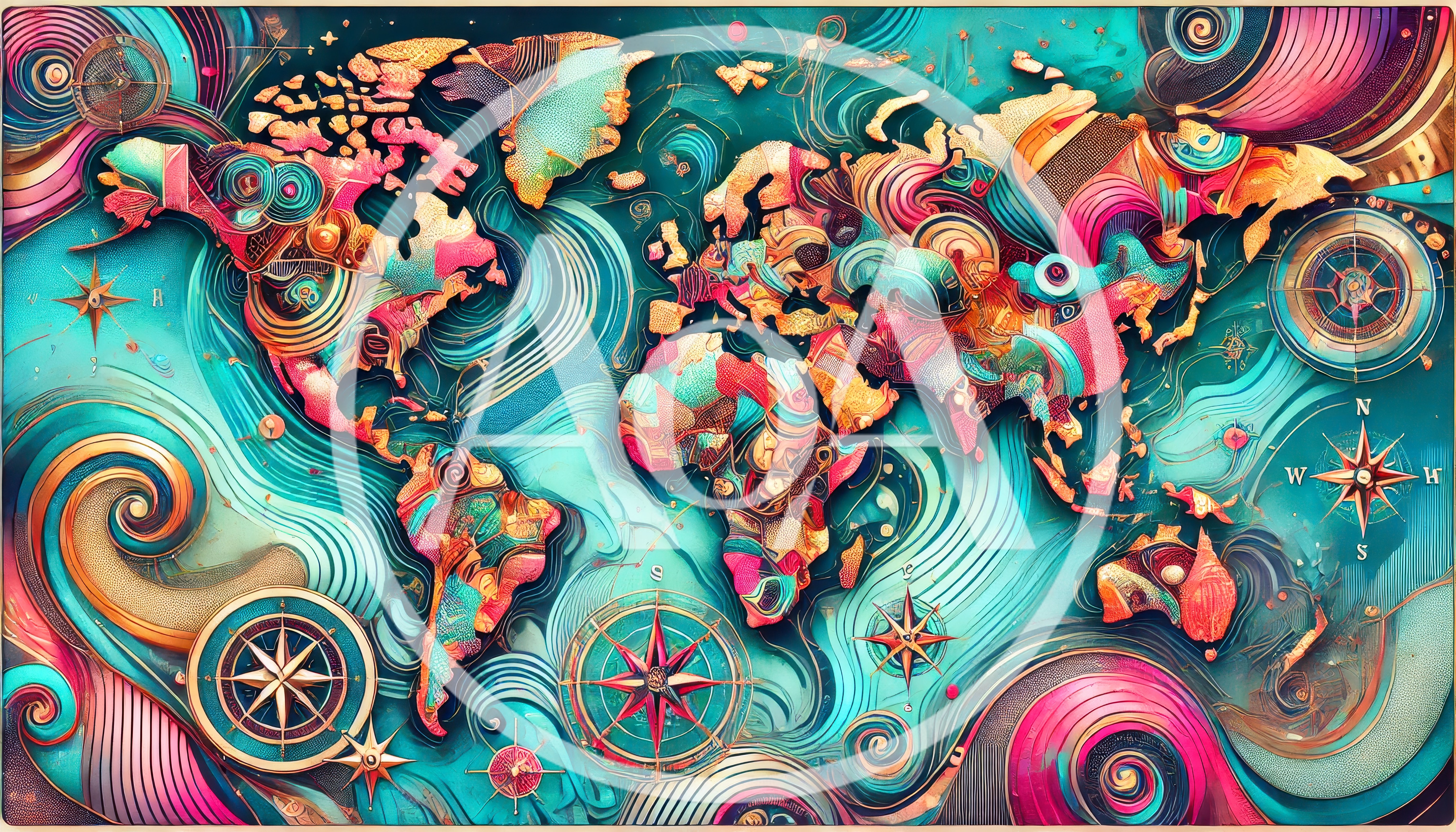 Abstract Artistic World Map With Swirling Colorful Patterns