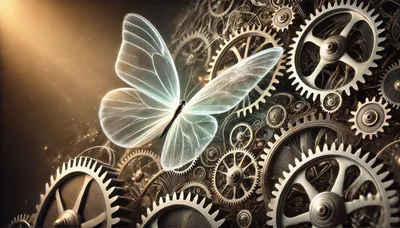 Translucent Butterfly Resting On Intricate Mechanical Clockwork Gears